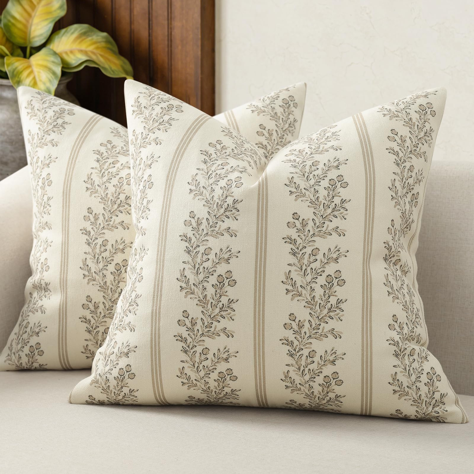 Vintage Throw Pillow Covers 18x18 Set of 2, Striped Floral Pillow Cover Botanical Patterned Decor... | Amazon (US)