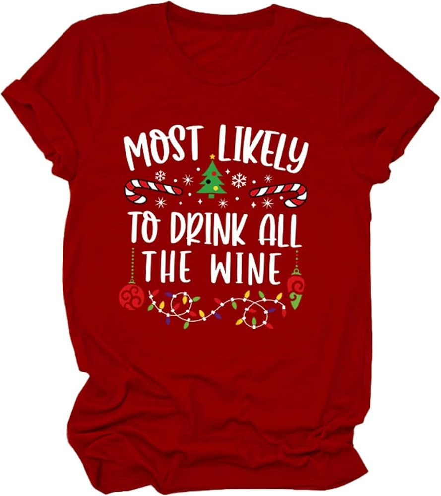 Most Likely to Drink All The Wine T-Shirt for Women Cute Christmas Lights&Tree Graphic Roundneck ... | Amazon (US)