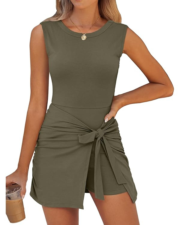 Caracilia Women Tennis Dress Built in Shorts Summer Sleeveless Bodycon Tie Cinched Waist Mini Ath... | Amazon (US)