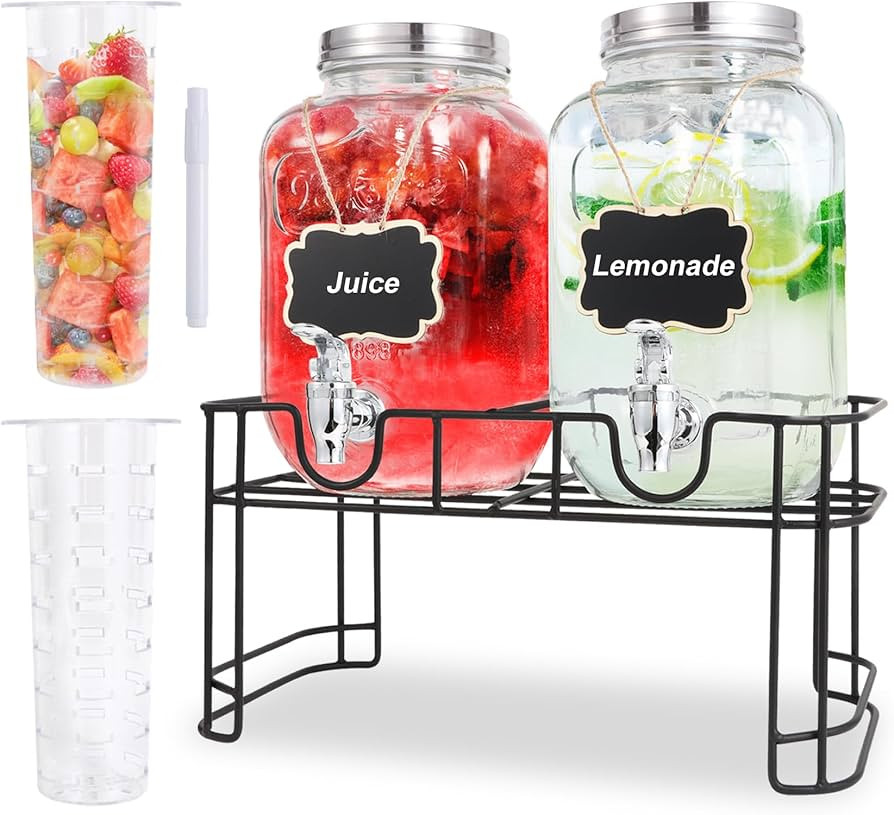 1 Gallon Glass Drink Dispensers For Parties-Set of 2,Drink Dispenser with Fruit Infuser & Stand,J... | Amazon (US)