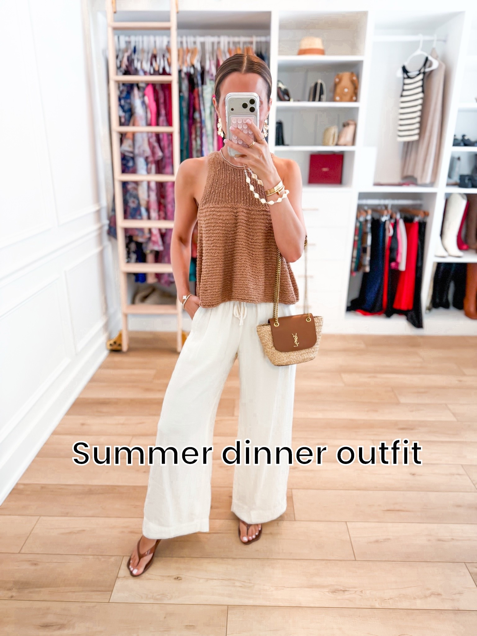 My dinner outfit. Summer outfit. Elevated casual outfit. Resort outfit. Resort wear. Vacation outfit. Europe outfit. New wide leg crinkle pants from Abercrombie in XXS short. Anthropologie sweater tank in XXS. Amazon jelly sandals are TTS. YSL raffia bag.

#LTKootd #LTKTravel #LTKPetite