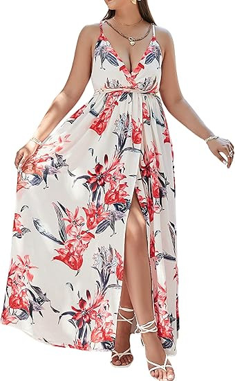 BerryGo Women's Plus Size Casual Summer Sexy Deep V Neck Backless Floral Print Split Maxi Party D... | Amazon (US)