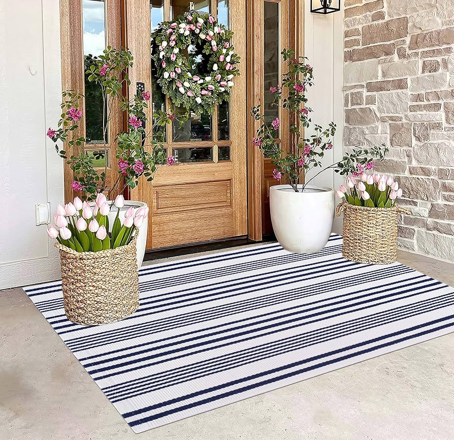 BUAGETUP Blue and White Outdoor Rug 3'x 5' Hand-Woven Cotton Washable Rug Striped Front Porch Rug... | Amazon (US)