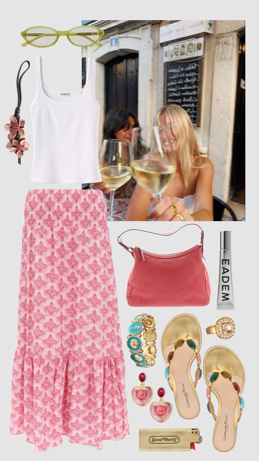- Sandals: Gianvito Rossi: Shanti Thong 70
- Skirt: Meet me there - Sunray skirt 
- Turquoise bracelet: Amrita Singh: Turks Gold tone Sealife bracelet
- Lighter: Good worth - Good worth lighter case 
- Glasses: Bonnie Clyde eyewear - Baby 
- Ring: Asha Howel: Rococo ring 
- Bag: Kate Spade - Leather Satchel (no longer sold! Find on thread up if interested)
