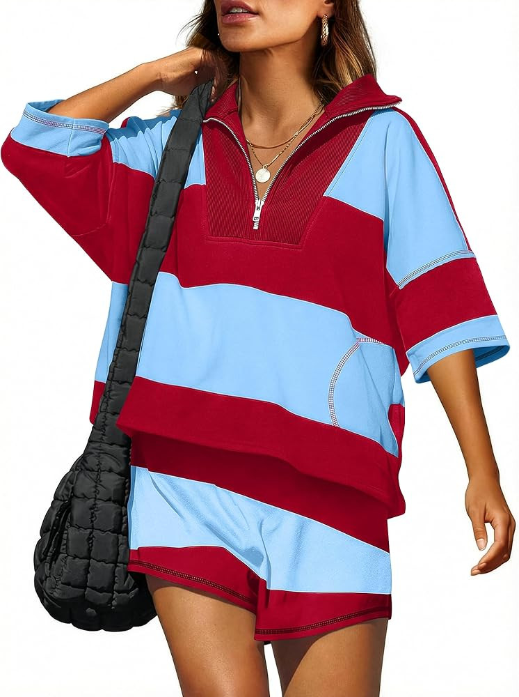 ANRABESS Striped Short Sets for Women 2 Piece Outfits Summer Casual Oversized Workout Athletisure... | Amazon (US)