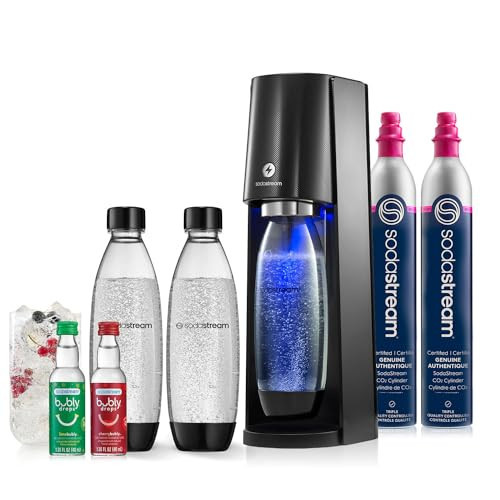 SodaStream - E-TERRA Soda Maker | VALUE BUNDLE | 3 Automatic Carbonation Levels | Includes 2x CO2 Cylinders, 3x 32 Fl Oz Dishwasher Safe Bottles, 2x Bubly Fruit Flavor Drops, 1x Power Adapter | Black | Amazon (US)