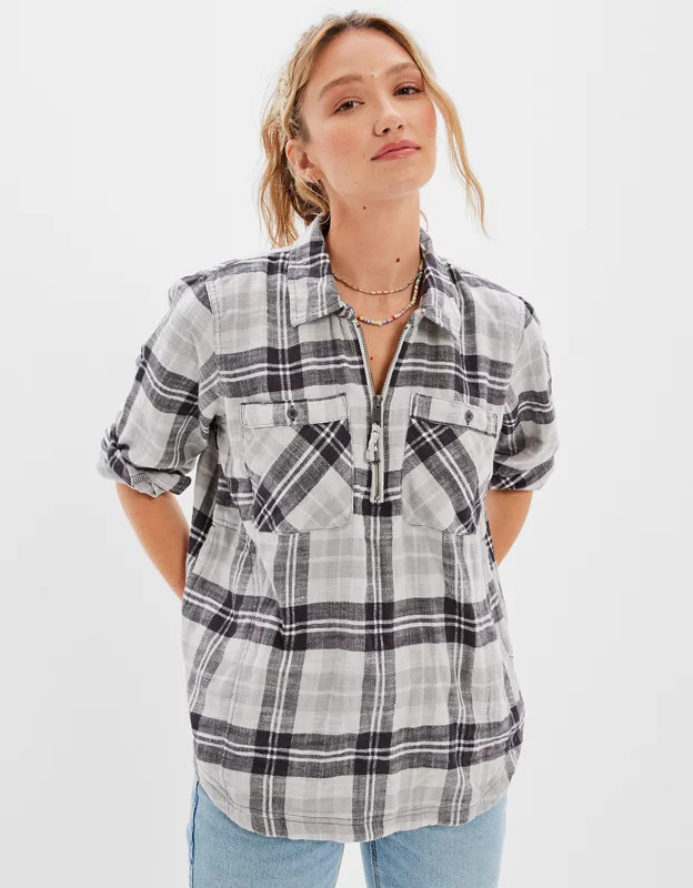AE Oversized Quarter Zip Flannel Shirt | American Eagle Outfitters (US & CA)