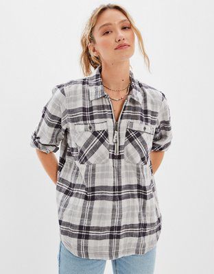 AE Oversized Quarter Zip Flannel Shirt | American Eagle Outfitters (US & CA)