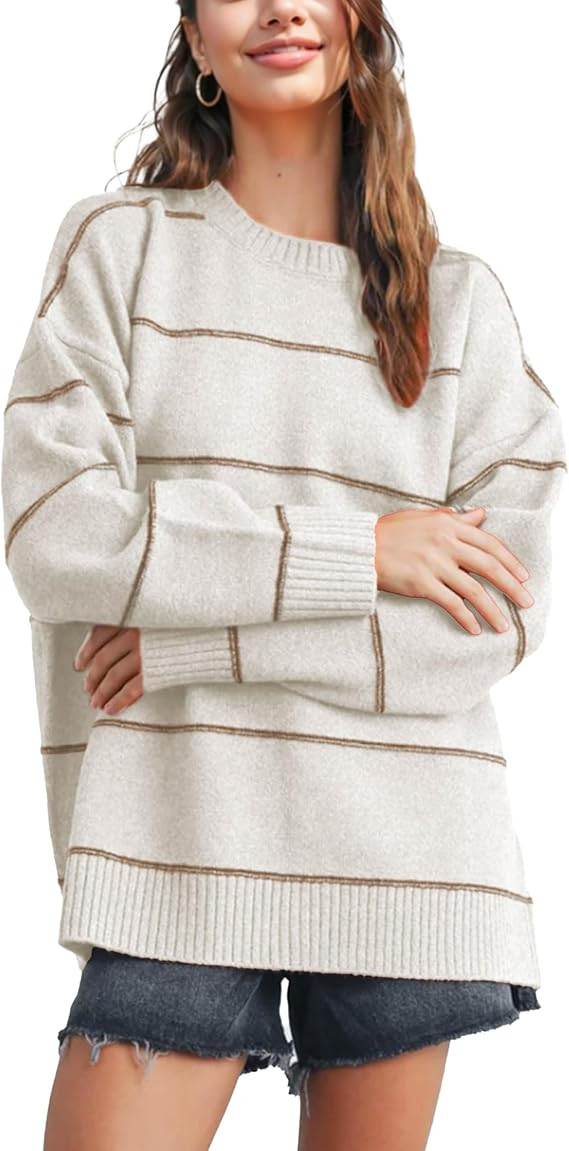 Womens Fall Striped Sweater Lightweight Long Sleeve Cable Soft Knit Oversized Pullover Sweaters T... | Amazon (US)
