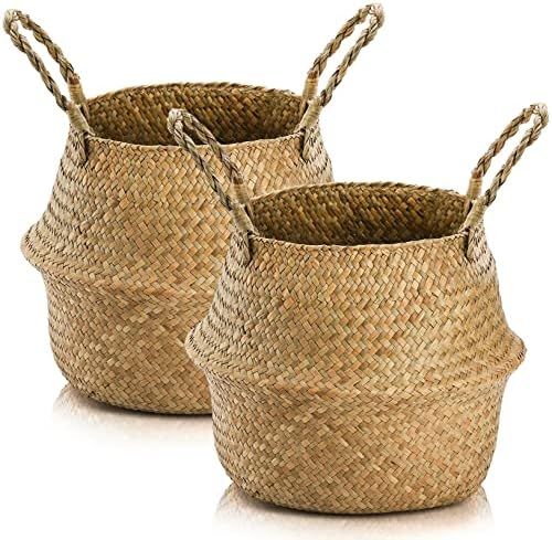 Yesland 2 Pack Woven Seagrass Plant Basket with Handles, Ideal for Storage Plant Pot Basket, Laundry | Amazon (US)