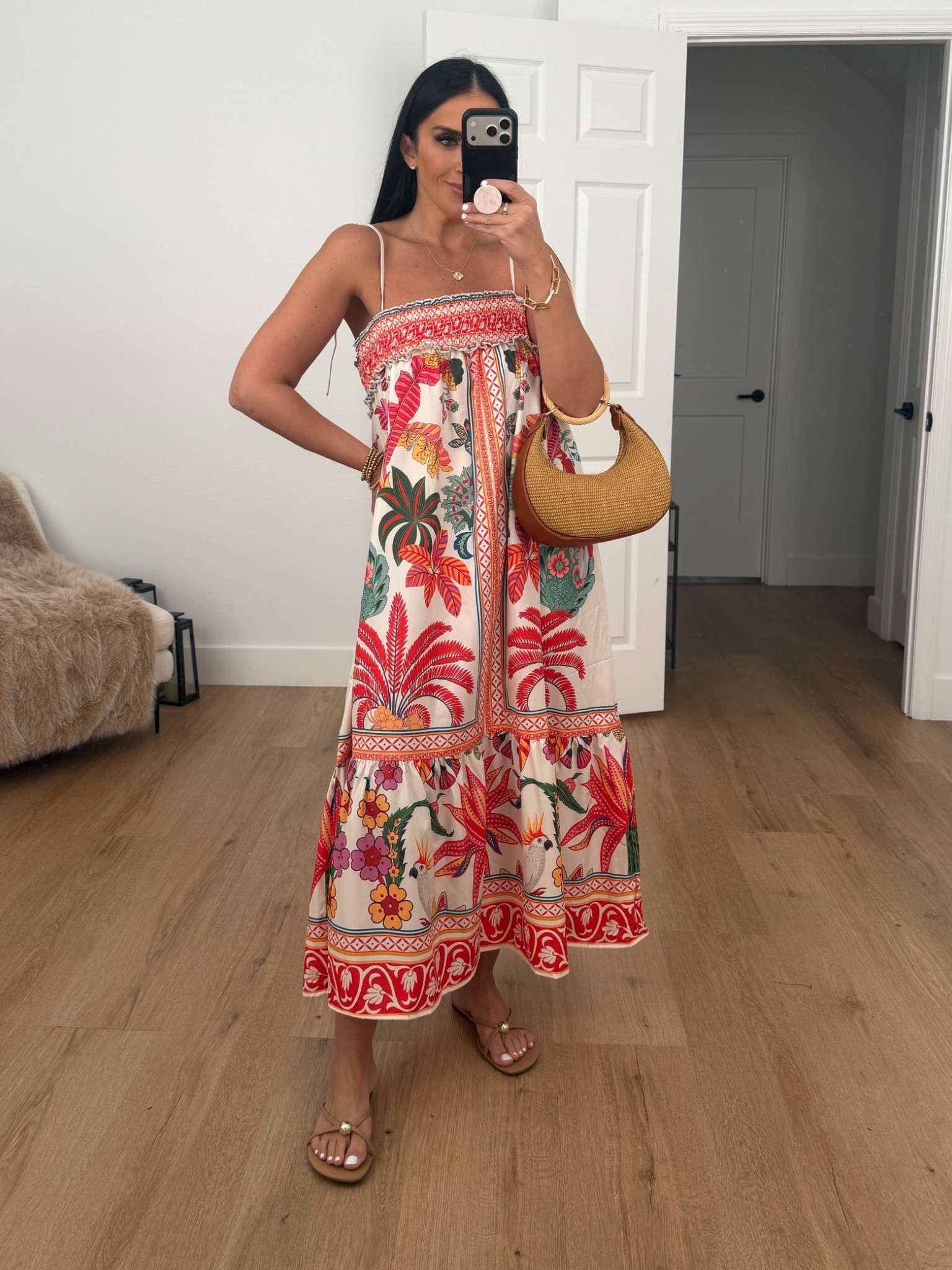 Farm Rio inspired Women's Boho Floral Sleeveless Ruffle Maxi Dress wearing size medium. 