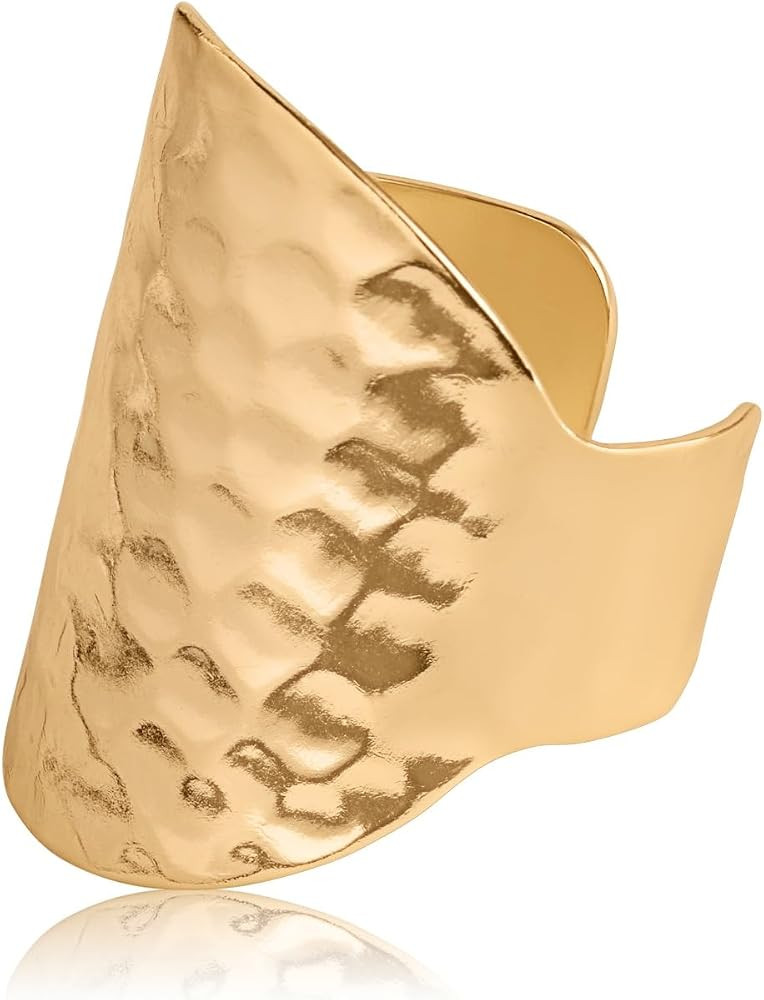 18K Gold or 925 Sterling Silver Plated Adjustable Hammered Ring for Women - Hypoallergenic Chunky... | Amazon (US)