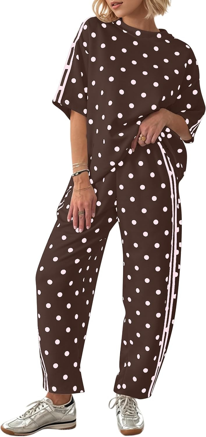 Women Polka Dot 2 Piece Lounge Set Short Sleeve T Shirt Side Striped Barrel Pants Travel Airport Outfits | Amazon (US)
