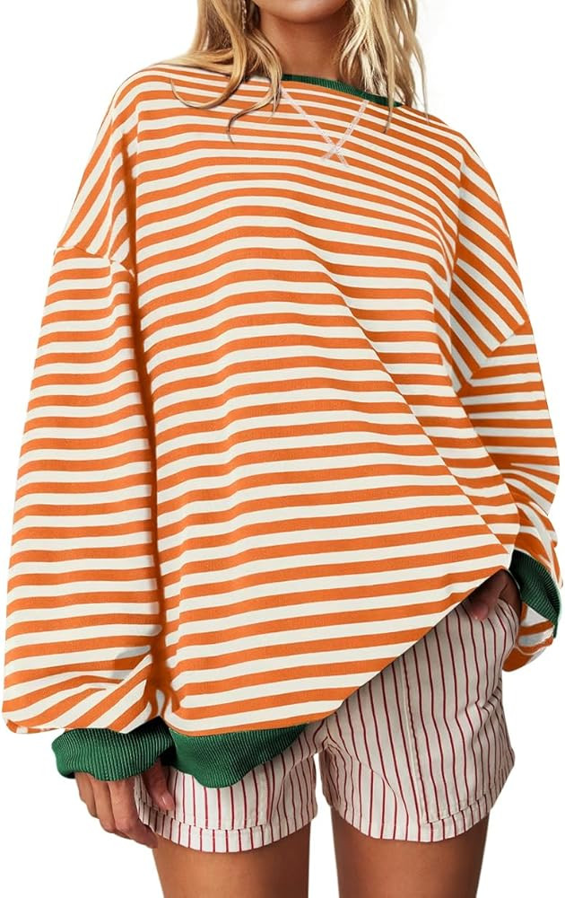 UEU Women Oversized Striped Crewneck Sweatshirt Long Sleeve Color Block Pullover Tops Casual Loos... | Amazon (US)