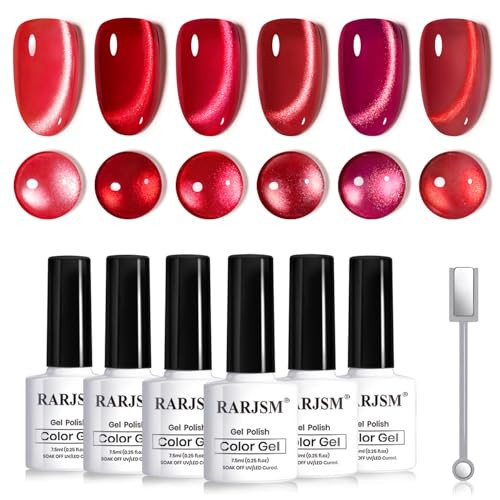 RARJSM Red Cat Eye Gel Nail Polish Set 6 Pcs Smoothie Ceramic Silver White Glitter Shimmer Burgundy Cherry Dark Wine Red Velvet Diamond Cateye Gel Polish with Magnetic Stick Soak off Curing Require | Amazon (US)