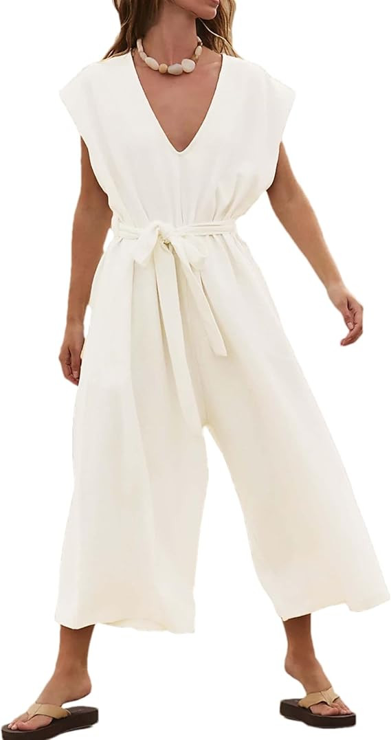 Womens One Piece Jumpsuits Sleeveless V-Neck Waist Belted Long Wide Leg Pants Romper Casual Outfi... | Amazon (US)