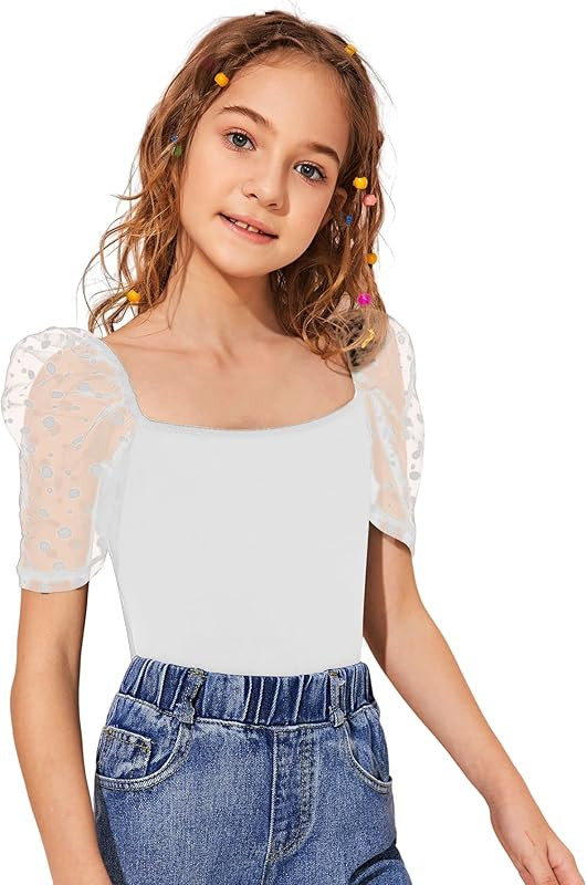 SOLY HUX Girl's Contrast Mesh Puff Short Sleeve Tee Square Neck T Shirt Top | Amazon (US)