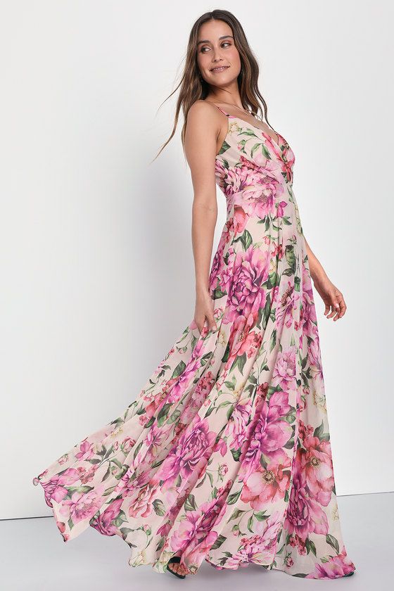 Seasons of Love Blush Pink Floral Print Surplice Maxi Dress | Lulus