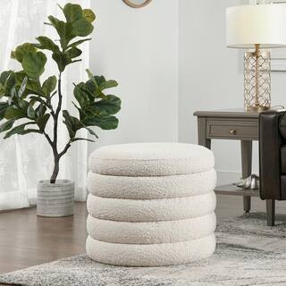Fuji Ivory White Boucle Round Storage Ottoman | The Home Depot