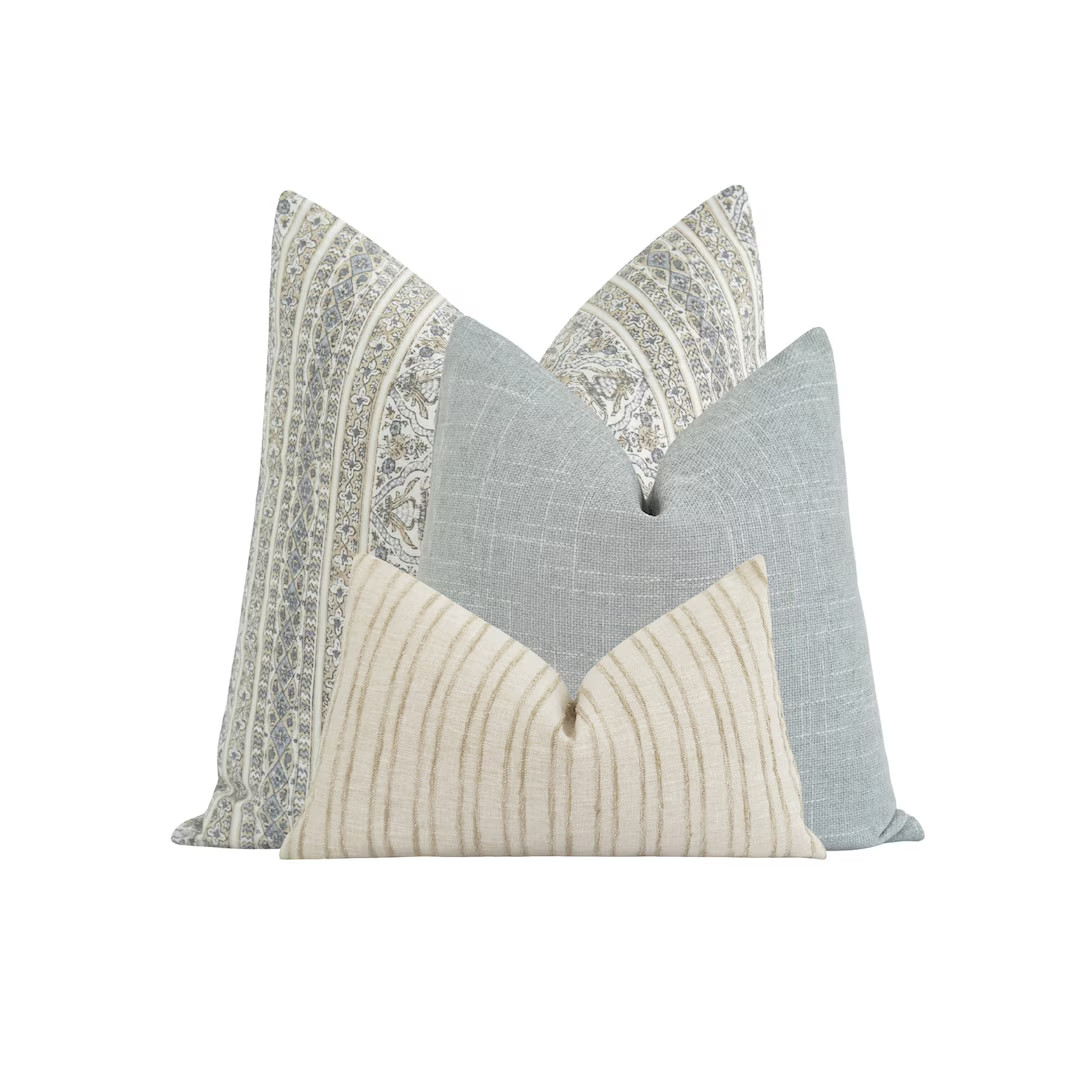 Boho Coastal Throw Pillows • River 3 Pack Pillow Combo With 10/90 Inserts • Dusty Blue, Ivory... | Etsy (US)