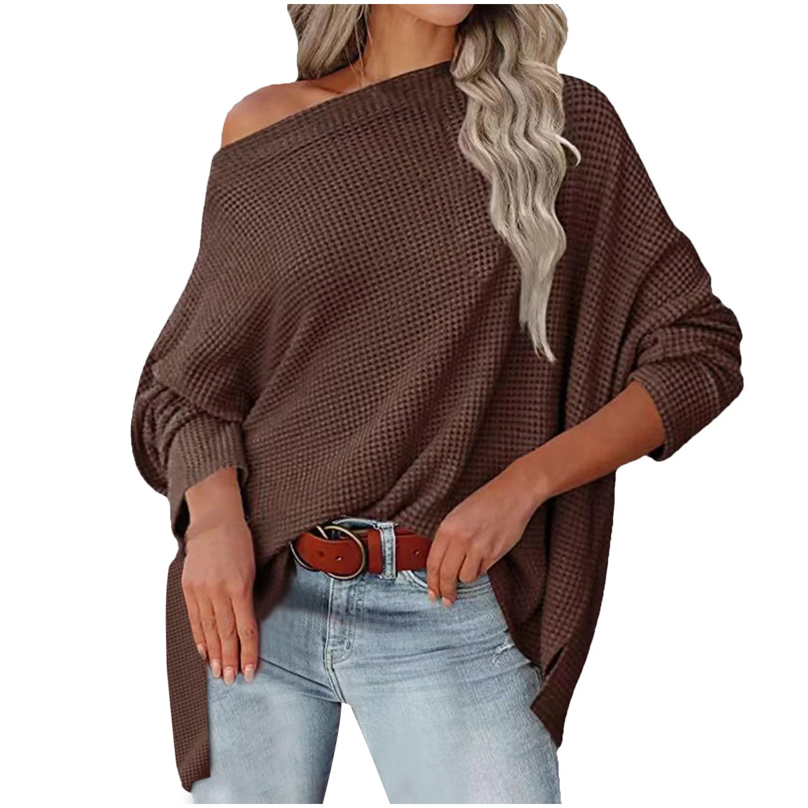 STETMN Women's Off Shoulder Sweatshirts Loose Waffle Knit Tops Fall Long Sleeve Flowy Hem T-Shirt | Walmart (US)
