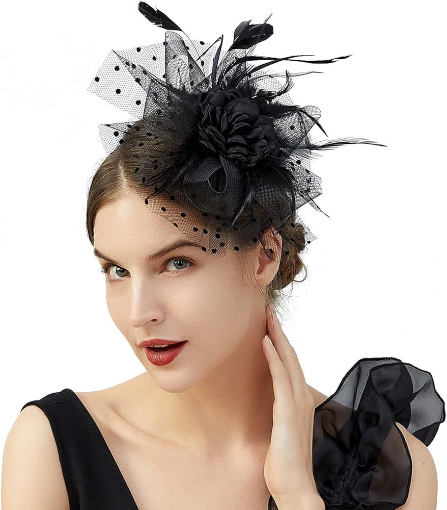 Fascinators for Women, Ruffles Cap Headwear with Veil Headband, Tea Party Wedding Organza Pillbox Ha | Amazon (US)