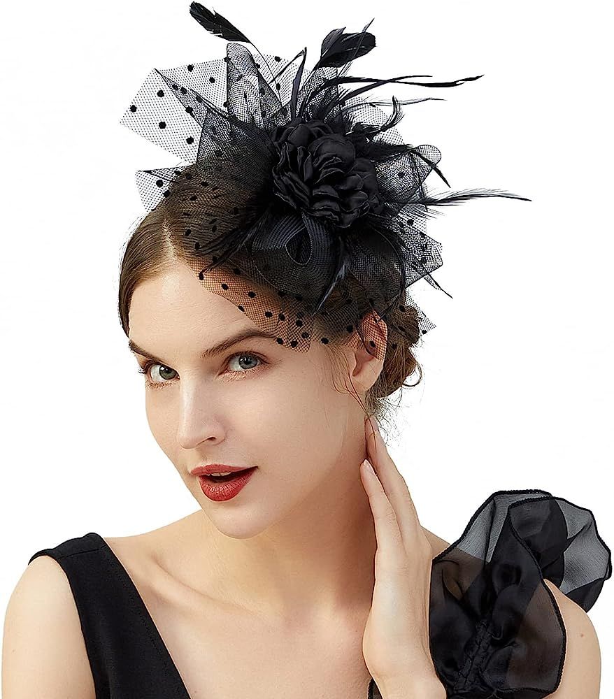 Fascinators for Women, Ruffles Cap Headwear with Veil Headband, Tea Party Wedding Organza Pillbox Ha | Amazon (US)