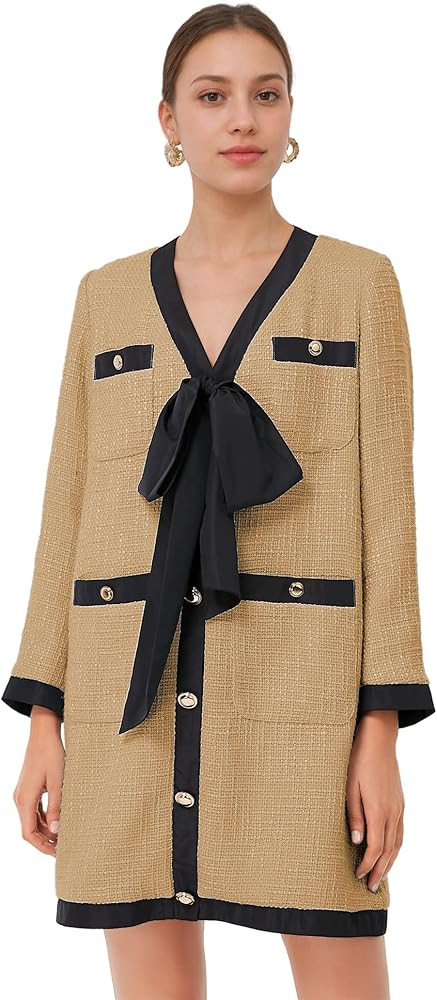SeeLuNa Women Tweed Bow Dresses V Neck Cardigan Elegant Long Sleeve Dress Button Down Back Zipper... | Amazon (US)