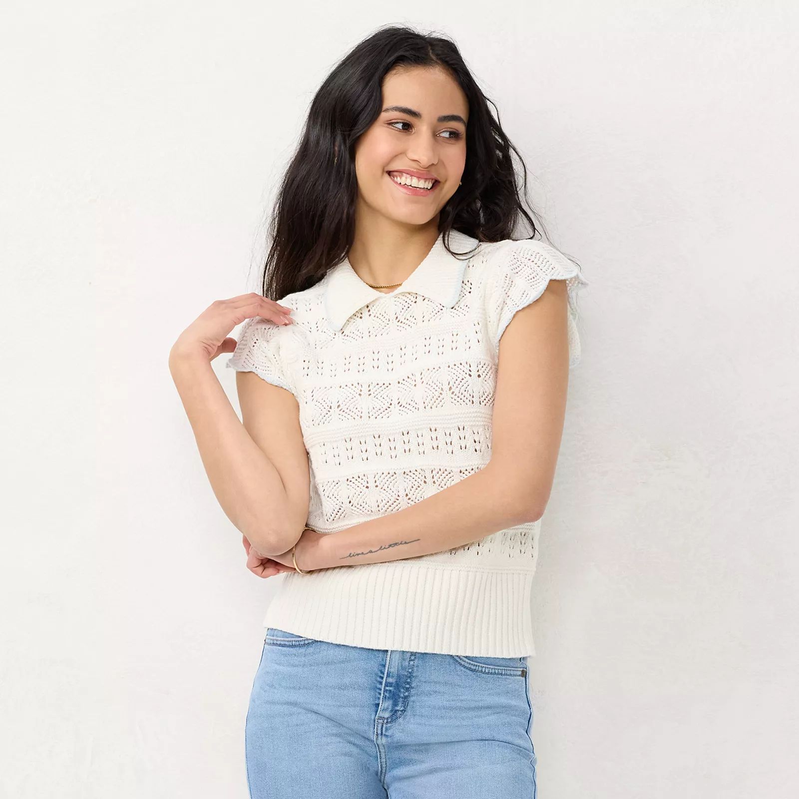 Women's LC Lauren Conrad Pointelle Flutter Sleeve Sweater, Size: XS, Natural | Kohl's