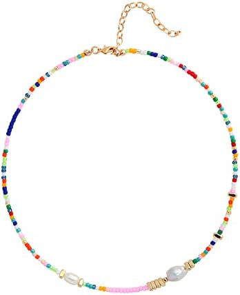 Freshwater Pearl Beaded Necklace for Women Handmade Boho Colorful Glass Beads Choker Necklace Sta... | Amazon (US)
