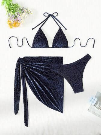 Leopard Velvet Triangle Bikini Swimwear Set With Swim Skirt Carnival | SHEIN