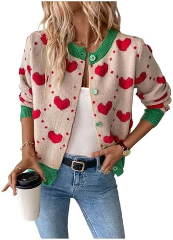 GORGLITTER Women's Heart Long Sleeve Button Down Cardigan Sweater Fall Trendy Dressy Color Block ... | Amazon (US)