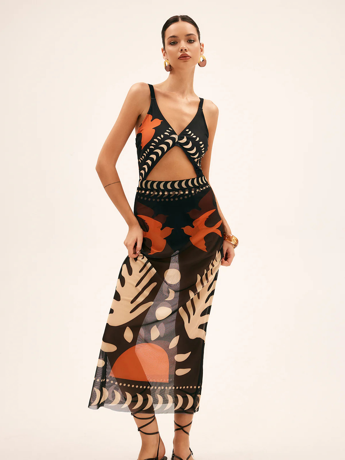 Bird Print Mesh Cover Up Maxi Skirt | Commense