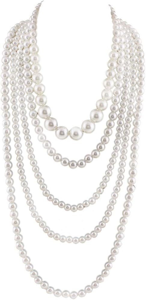 GRACE JUN Multilayer Strand Chain Faux Pearls Flapper Beads Cluster Long Choker Necklace | Amazon (US)