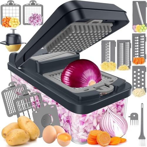 SpaceHacks 12-in-1 Vegetable Chopper, Kitchen Gadgets with 7 Blades, Veggie, Food, Onion Chopper, Cucumber Slicer, Versatile Mandoline, Includes Egg Separator & Finger Guard, Gray | Amazon (US)