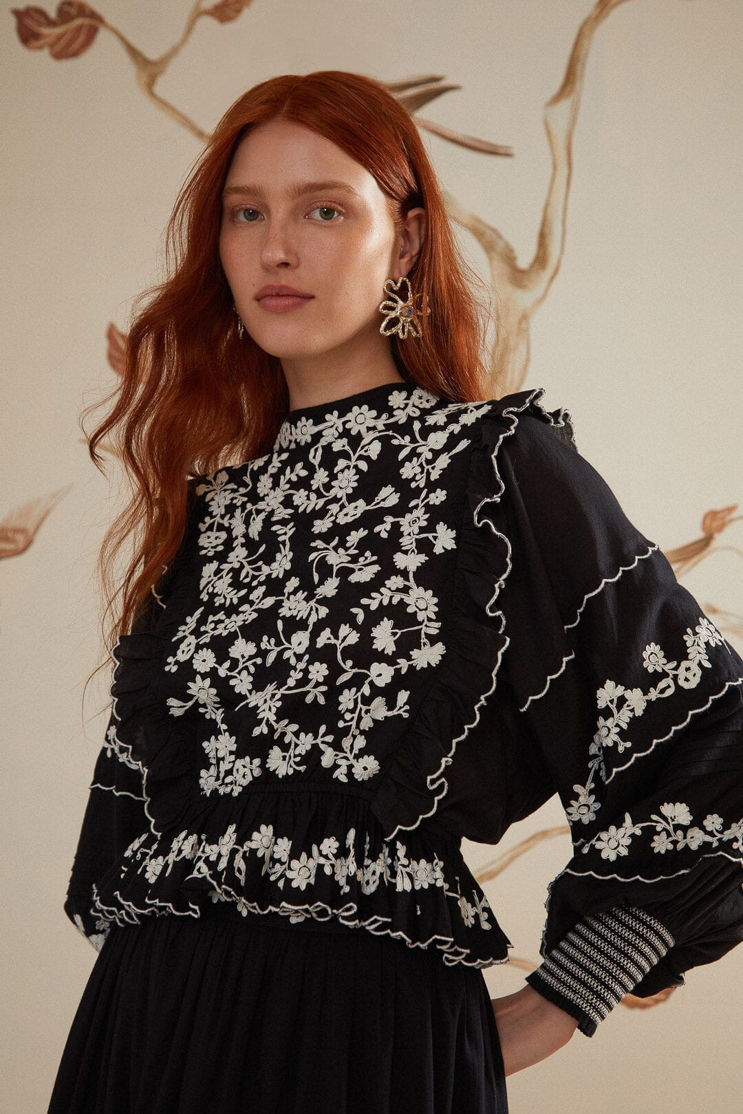 Black Embroidered Ruffle Longe Sleeve Blouse | FarmRio (US)