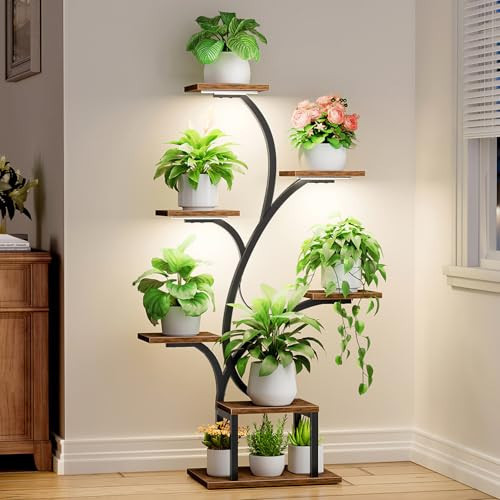BACEKOLL Plant Stand Indoor with Grow Lights, 7 Tiered Indoor Plant Shelf, 49" Corner Plant Stands for Indoor Plants, Metal Plant Flower Display Shelf, Tree-Shaped Plant Rack for Home, Patio, Black | Amazon (US)
