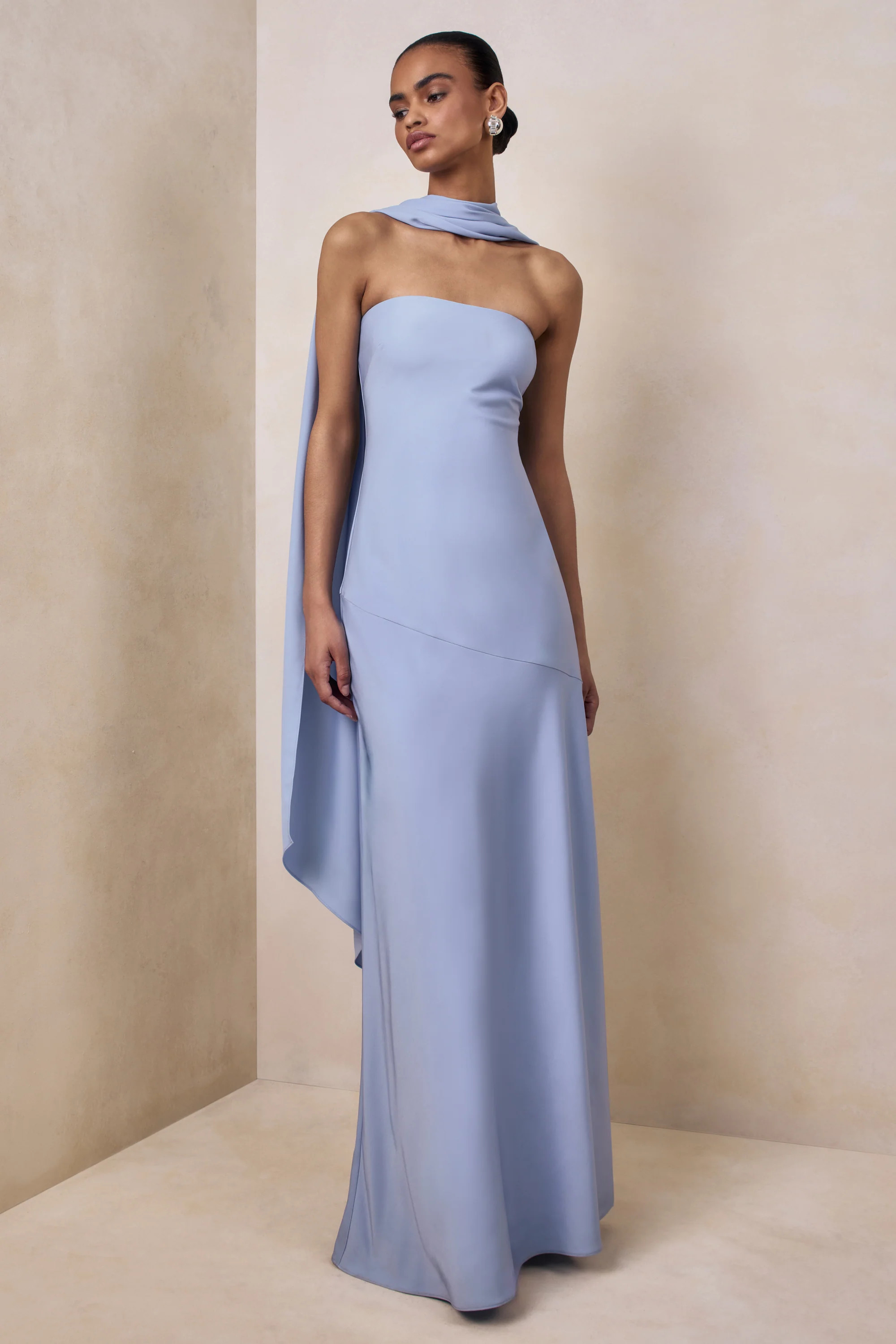 Charly | Powder Blue Matte Satin Bandeau Maxi Dress With Scarf-Detail | Club L London