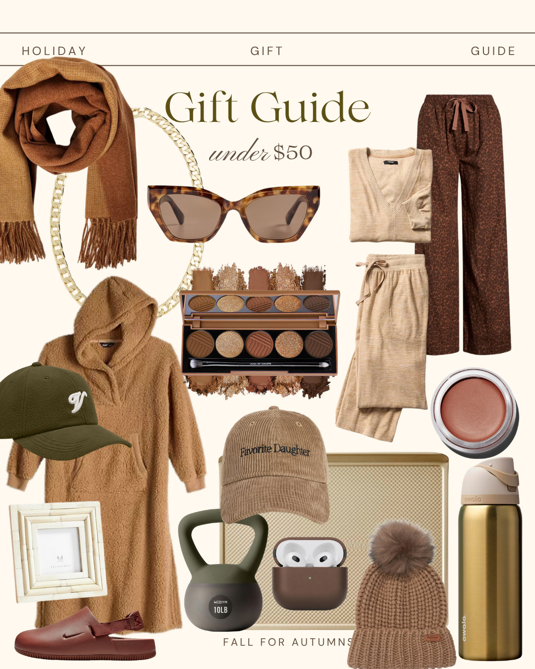 Under $50 gift guide for autumns, true autumn, dark autumn, soft autumn, olive green, brown, chestnut, williams sonoma cookie sheet, baking, pajama set, loungewear, teddy, blush, goop, owala, gold water bottle, autumn makeup, eye shadow palette, airpod case, stocking hat, beanie, nike calm mules, varley, baseball cap, chain necklace, scarf, workout, picture frame, gifts for her, wife, friend, co-worker, beauty gifts 

 #LTKCyberWeek #LTKGiftGuide #LTKFindsUnder50