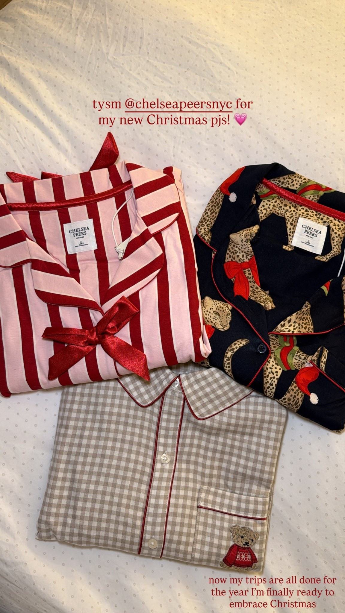 tysm @chelseapeersnyc for my new Christmas pjs! 💗 now my trips are all done for the year I’m finally ready to embrace Christmas