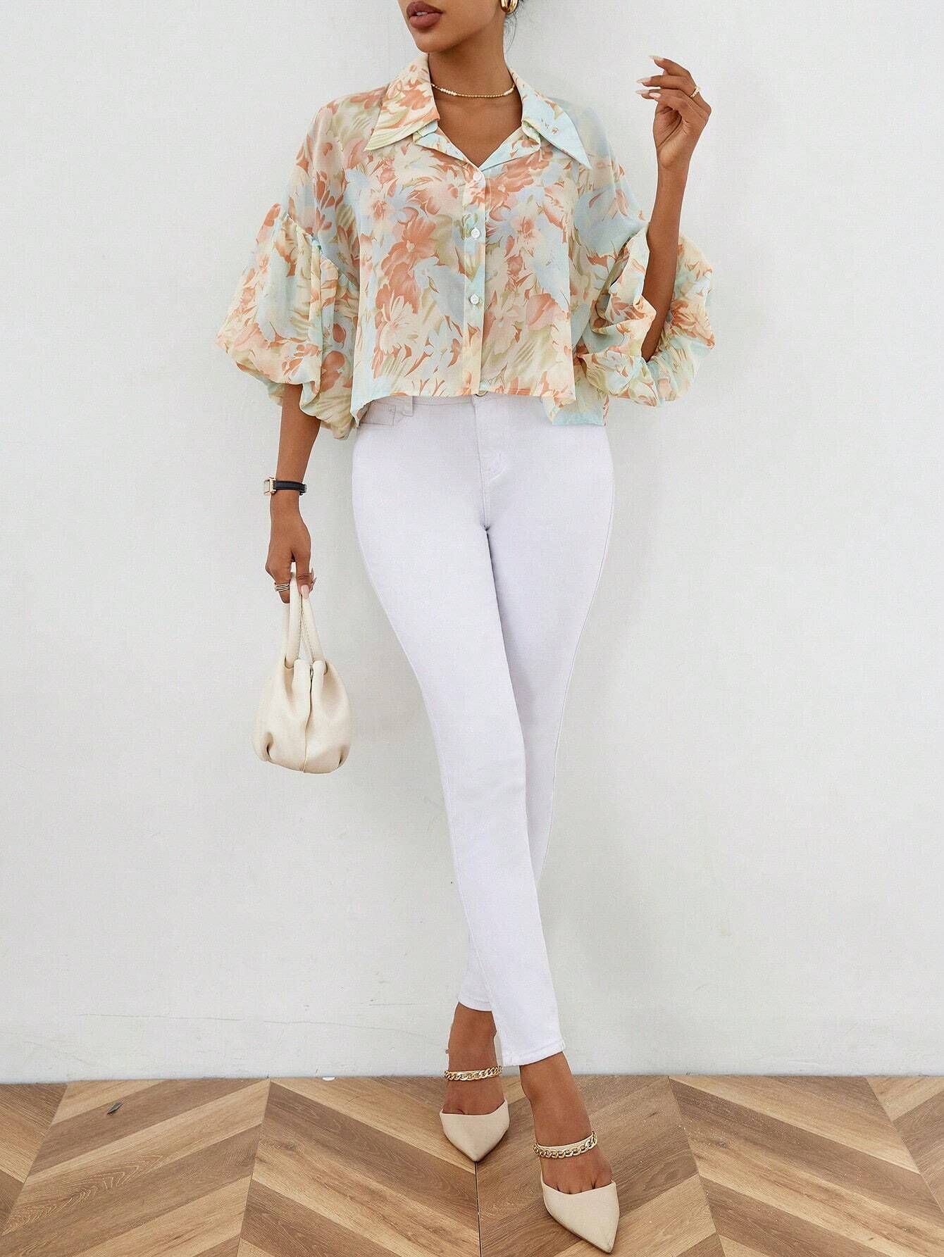 SHEIN LUNE Allover Floral Print Puff Sleeve Shirt | SHEIN