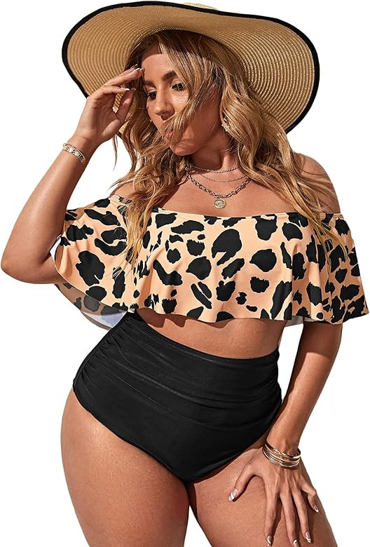 Floerns Women's Plus Size Two Piece Off Shoulder High Waisted Bikini Swimsuit | Amazon (US)