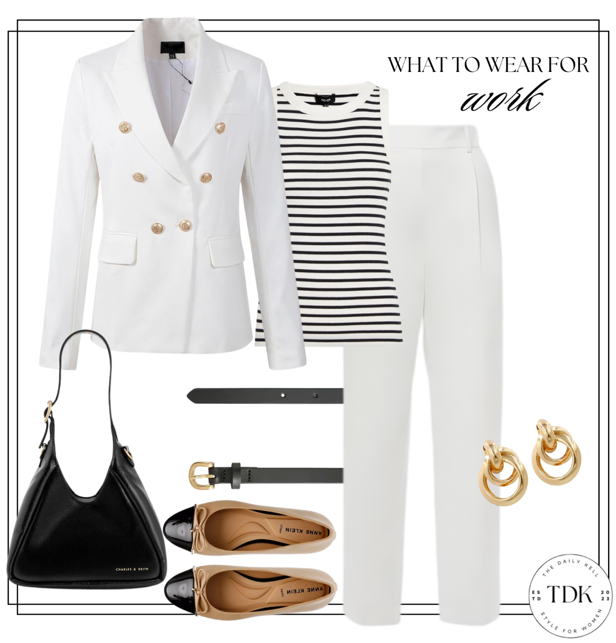 White trousers, a striped tank top and a white blazer creates a stylish and sophisticated vibe.

Paired with simple, but elegant jewelry, a structured handbag, and a ballet flat for a polished yet chic look.

#LTKStyleTip #LTKOver40 #LTKWorkwear