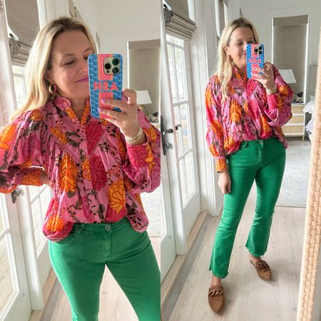 Loving this pink button down top for fall. Super cute with green denim or any color denim. Top is size small. Jeans size medium. Use code FANCY15 for 15% off  

#LTKstyletip #LTKfindsunder100 #LTKover40
