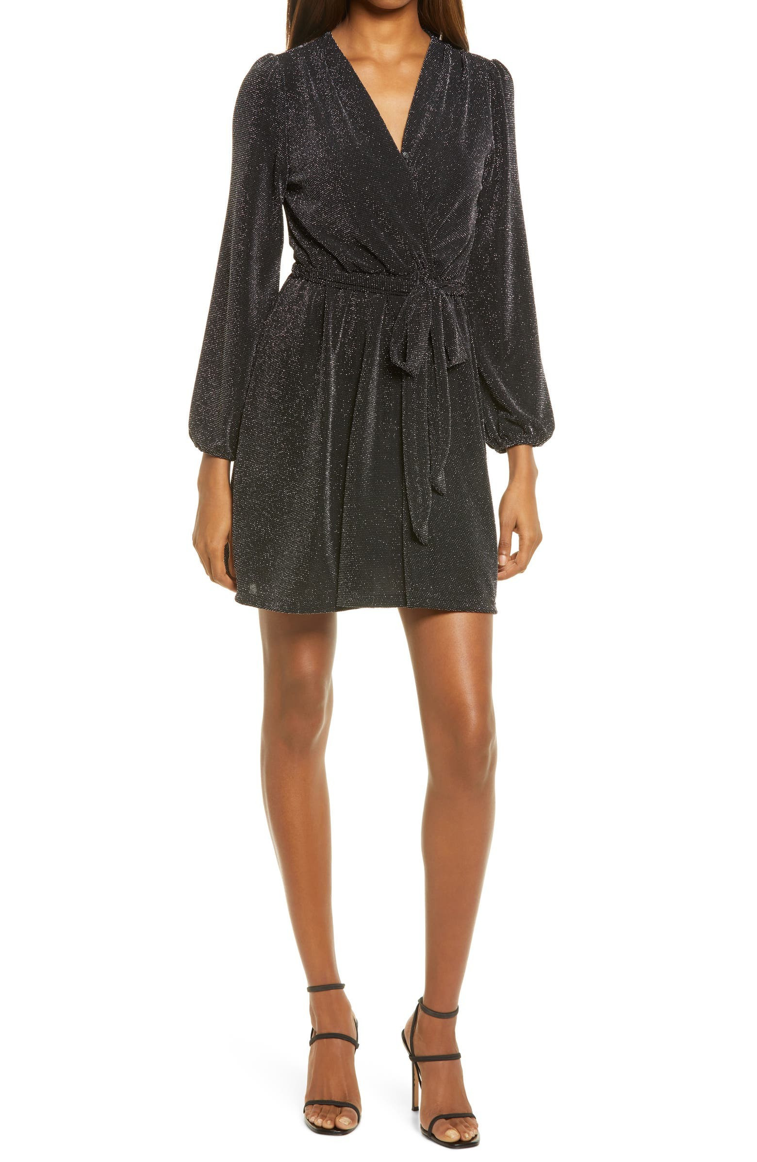 Glitter Wrap Front Long Sleeve Minidress | Nordstrom