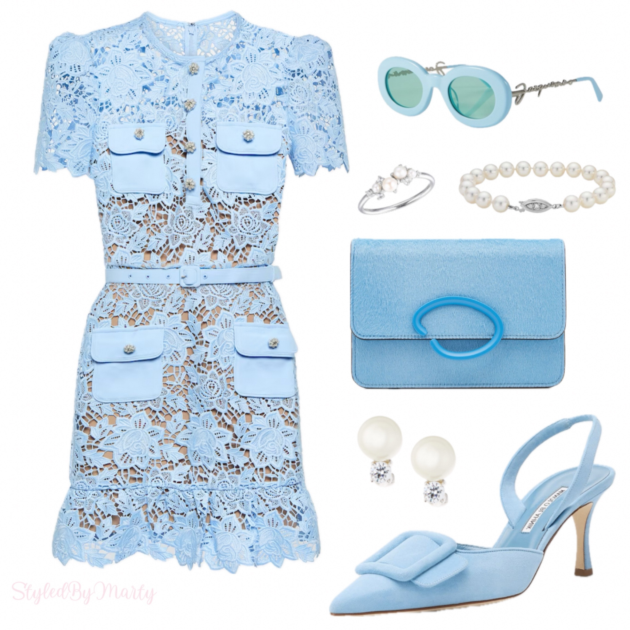 Lace mini dress, Self Portrait, light blue dress, light blue outfit, blue dress, slingback pumps, light blue shoes, designer shoes, sunglasses, blue sunglasses, pearl earrings, pearl bracelet, outfit inspo, outfit ideas, pastel dress

#LTKstyletip #LTKshoecrush #LTKsalealert