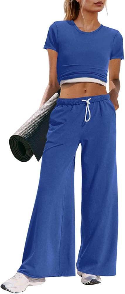 Panadila Womens 2 Piece Lounge Set Matching Workout Sets Summer Crop Tops Wide Leg Pants Going Ou... | Amazon (US)