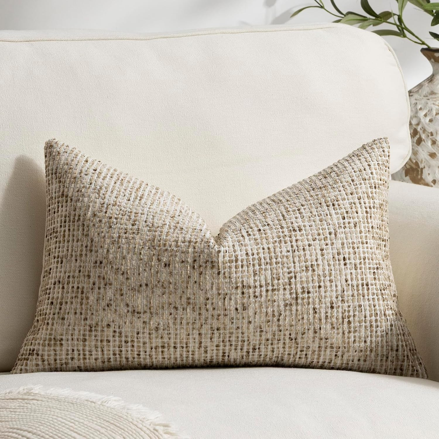 Pack of 1 Neutral Lumbar Pillow Covers 12x20 Boho Textured Dots Stripe Chenille Rectangular Decorative Throw Pillow Cases Accents for Living Room Couch Bed Farmhouse Home Decor, Taupe | Amazon (US)