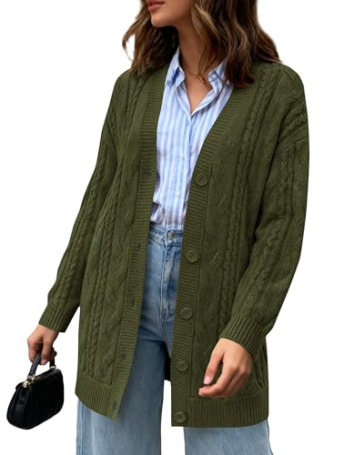 BTFBM Fall Fashion 2025 Chunky Cardigan Sweaters for Women Winter Open Front Cable Knit Button Long Cardigans Outerwear(Army Green, Large) | Amazon (US)