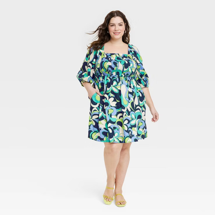 Women's Balloon Elbow Sleeve Smocked Mini Dress - Ava & Viv™ | Target